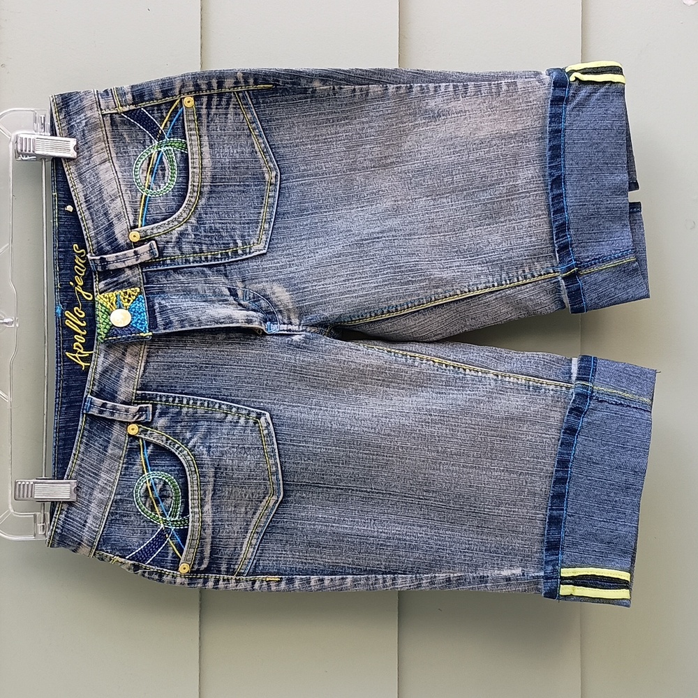 Apollo Jeans Blue Denim Shorts with Colorful Embroidery Sz 5/6 Junior